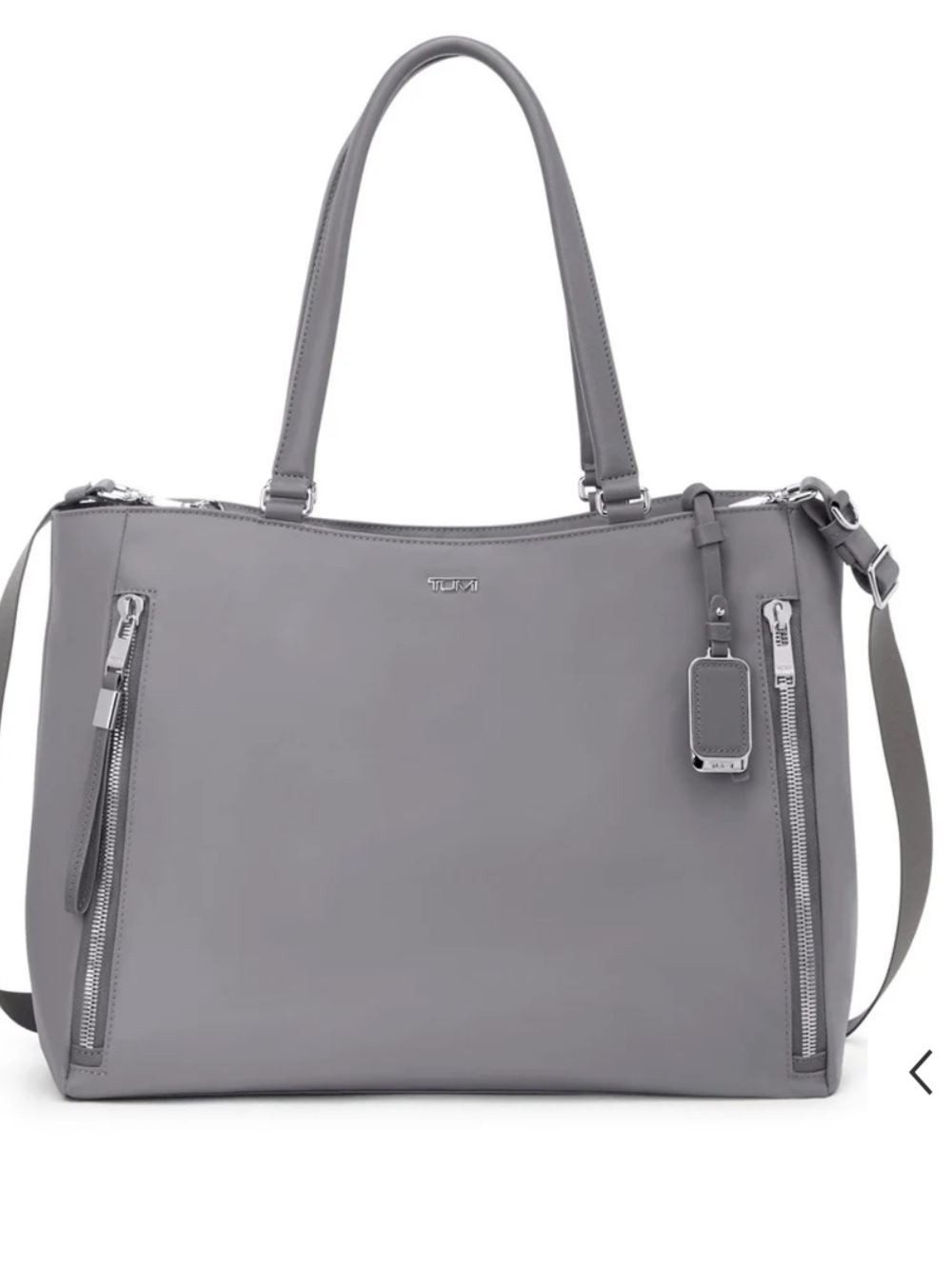 This is a gray TUMI Voyageur Valetta Large Tote featuring dual front vertical